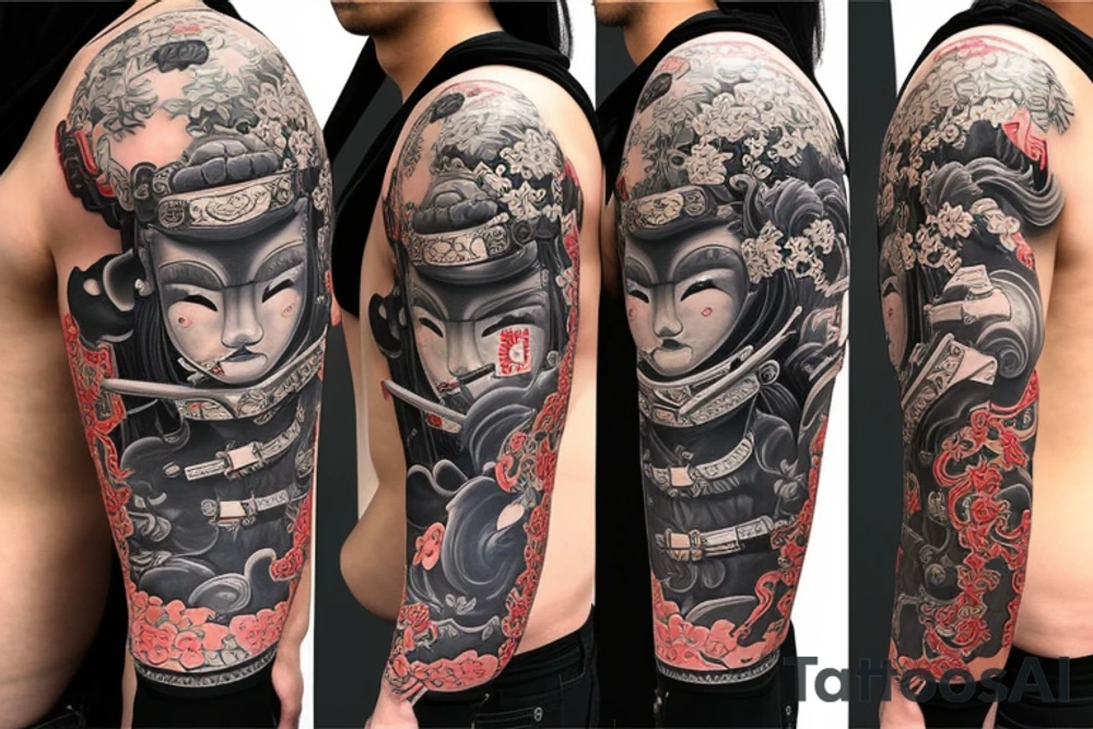 a samurai in a kimono with a katana stands before an endless road tattoo idea