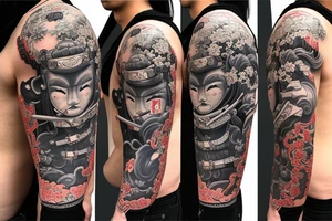 a samurai in a kimono with a katana stands before an endless road tattoo idea