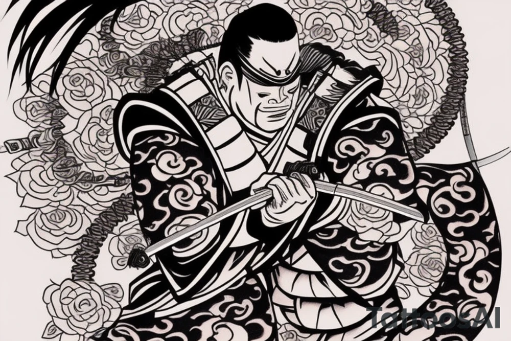 a samurai in a kimono with a katana stands before an endless road tattoo idea