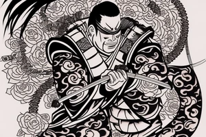 a samurai in a kimono with a katana stands before an endless road tattoo idea