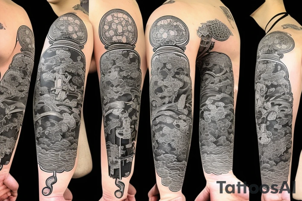 a samurai in a kimono with a katana stands before an endless road tattoo idea