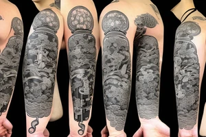 a samurai in a kimono with a katana stands before an endless road tattoo idea