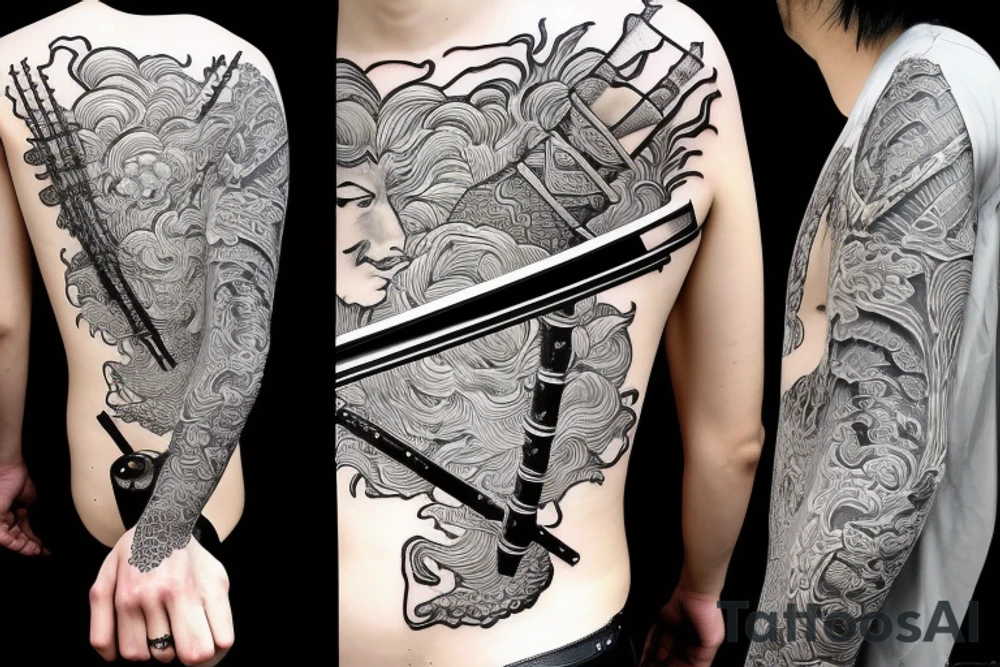 a samurai in a kimono with a katana stands before an endless road tattoo idea