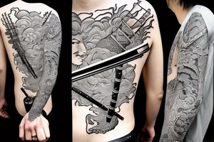 a samurai in a kimono with a katana stands before an endless road tattoo idea