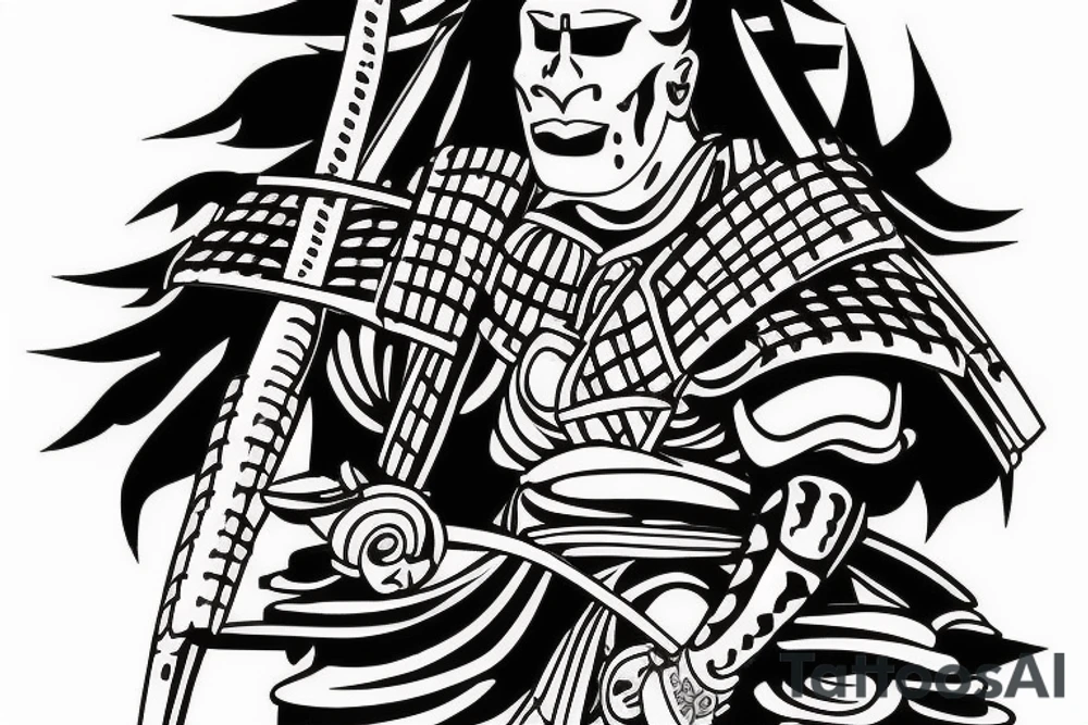 a samurai stands in front of a road that goes into the distance tattoo idea