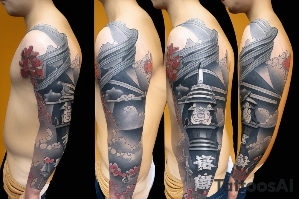 a samurai stands in front of a road that goes into the distance tattoo idea
