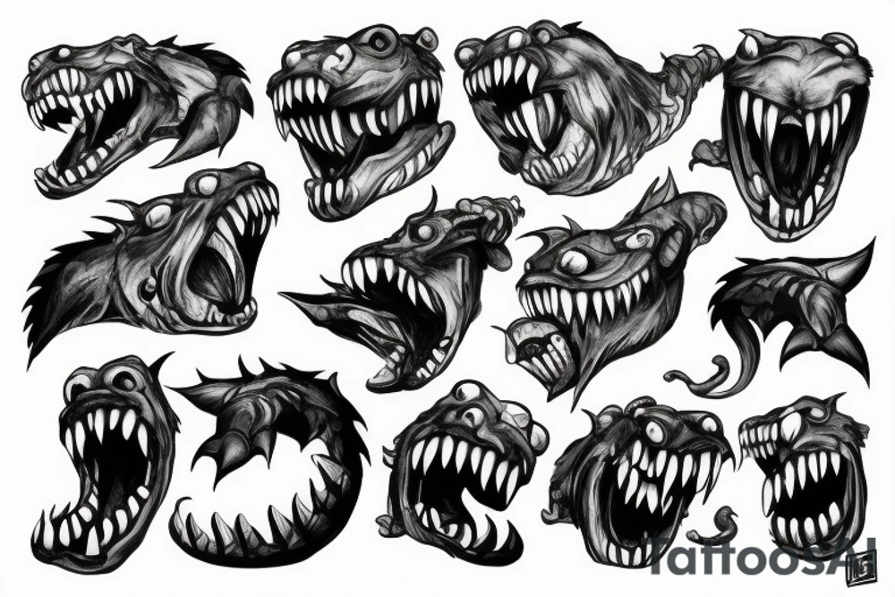 a monster with big teeth, with big paws in which a submachine gun mp5 tattoo idea