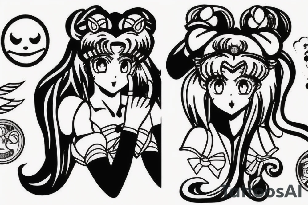 sailor moon, estilo boceto de dibujo sin rostro, con puntillismo tattoo idea