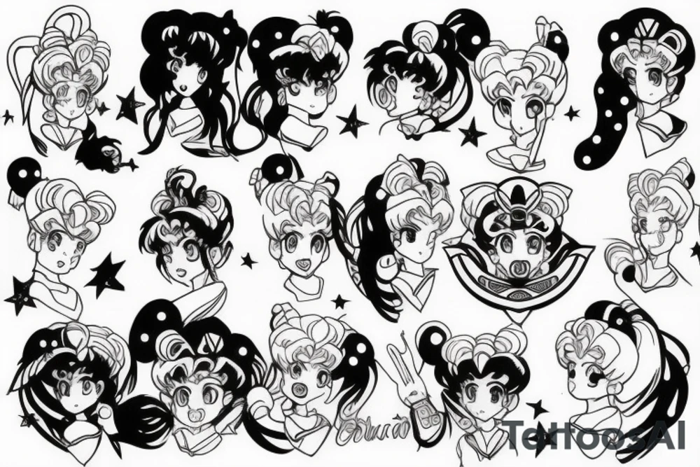 sailor moon, estilo boceto de dibujo sin rostro, con puntillismo tattoo idea