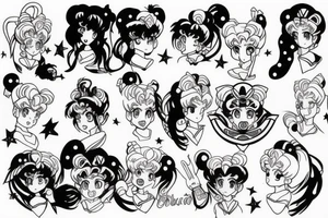 sailor moon, estilo boceto de dibujo sin rostro, con puntillismo tattoo idea