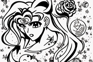 sailor moon, estilo boceto de dibujo sin rostro, con puntillismo tattoo idea