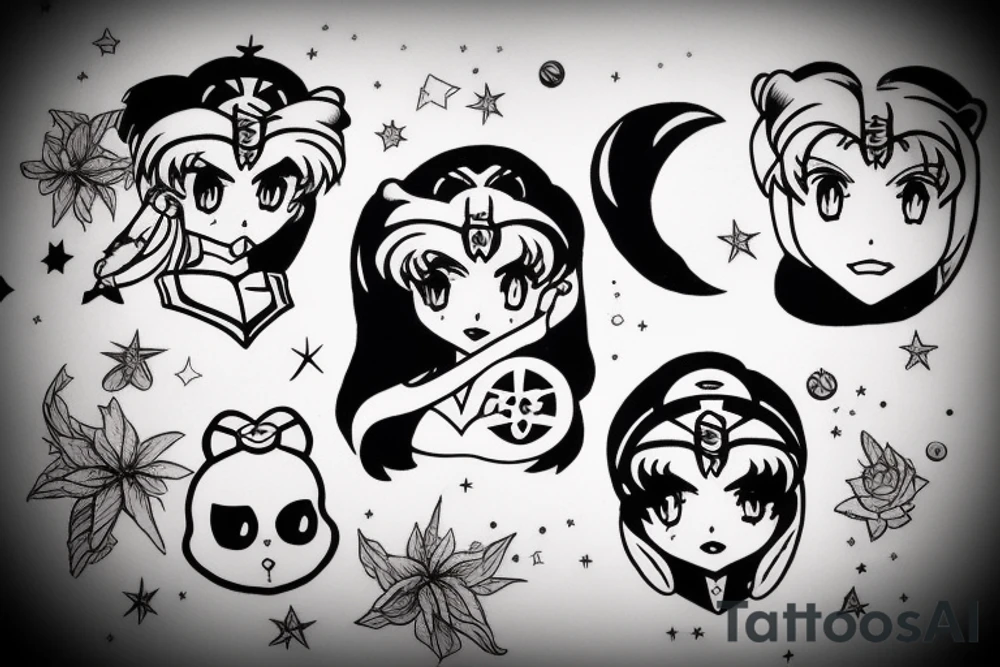 sailor moon, estilo boceto de dibujo sin rostro, con puntillismo tattoo idea