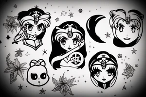 sailor moon, estilo boceto de dibujo sin rostro, con puntillismo tattoo idea