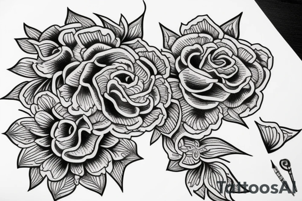 buquet de flores, con el simbolo del trisquele tattoo idea