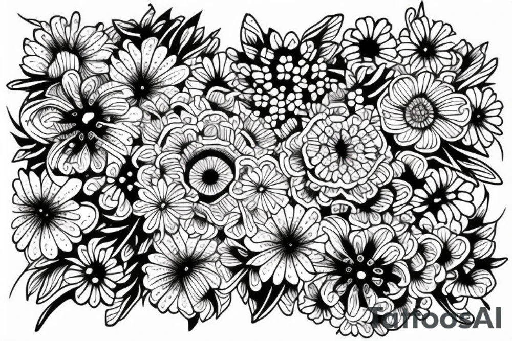 buquet de flores, con el simbolo del trisquele tattoo idea