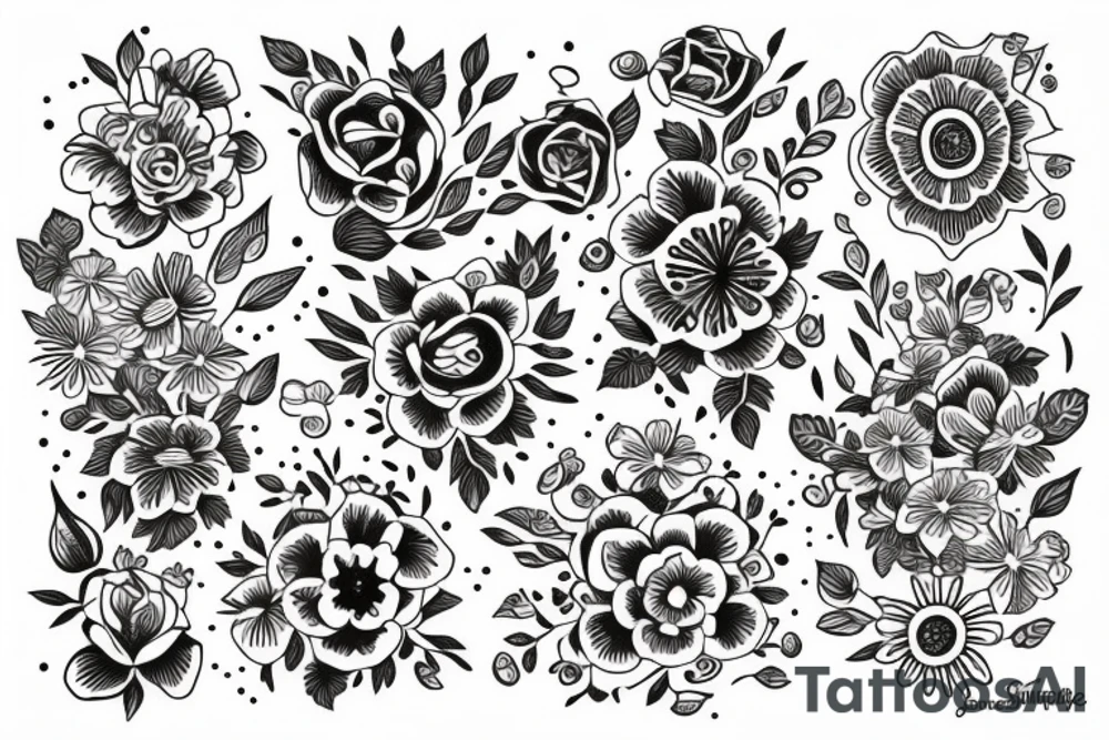 buquet de flores, con el simbolo del trisquele tattoo idea