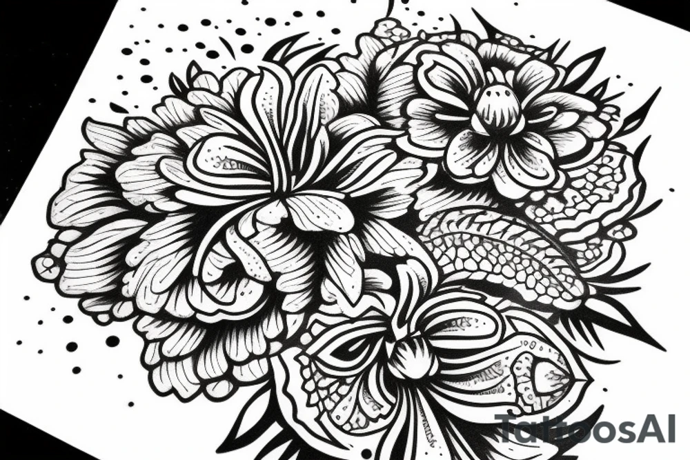 buquet de flores, con el simbolo del trisquele tattoo idea