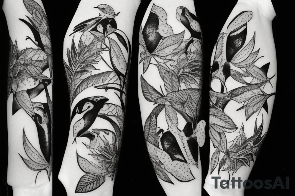 Ball python, sparrows and fruit bat in flowers and greenery tattoo idea