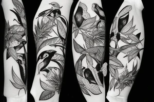 Ball python, sparrows and fruit bat in flowers and greenery tattoo idea