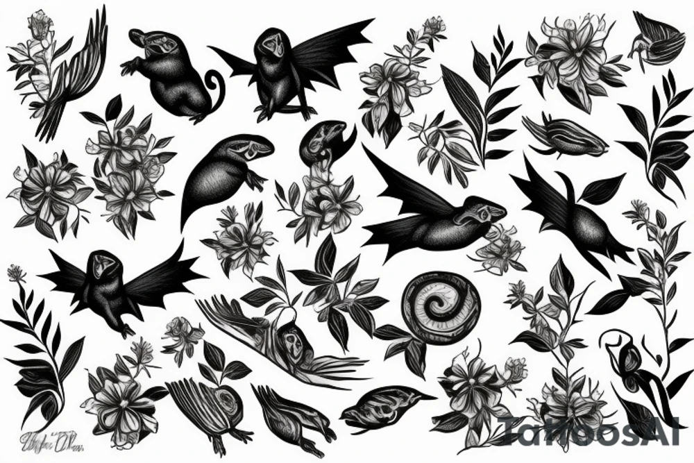 Ball python, sparrows and fruit bat in flowers and greenery tattoo idea
