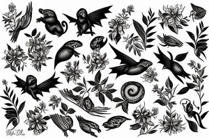 Ball python, sparrows and fruit bat in flowers and greenery tattoo idea