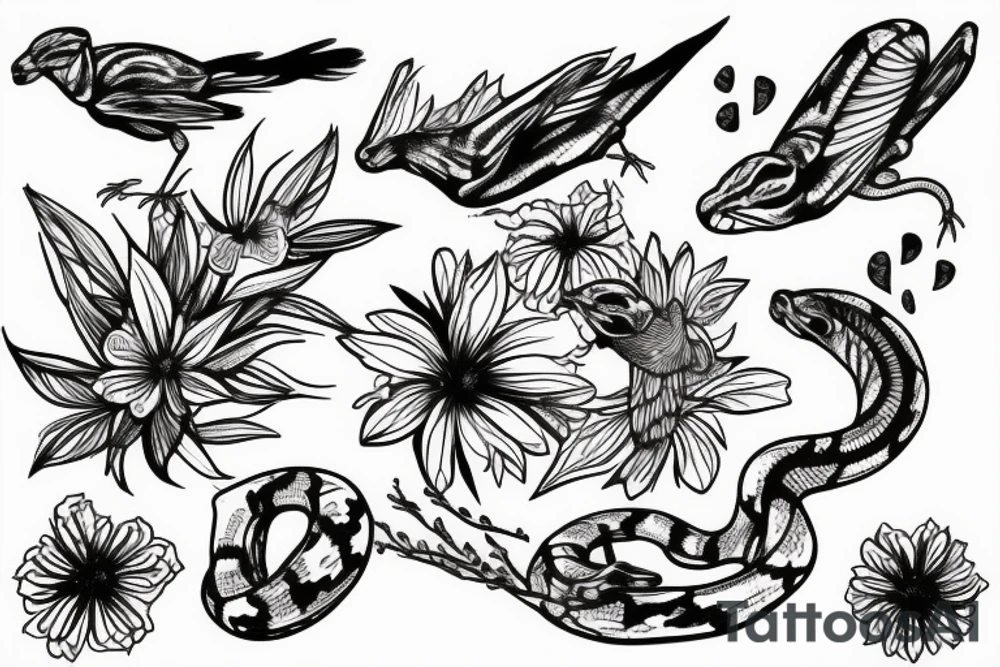 Ball python, and sparrows in flowers tattoo idea