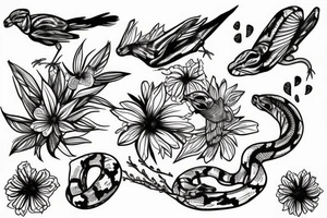 Ball python, and sparrows in flowers tattoo idea