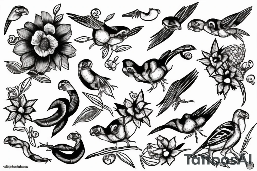 Ball python, and sparrows in flowers tattoo idea