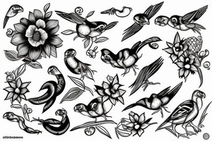 Ball python, and sparrows in flowers tattoo idea