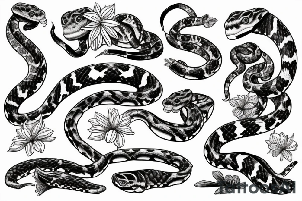 Ball python in flowers arm sleeve tattoo idea