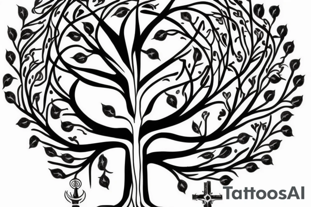 Tree of life with roots. The roots turn in to pages of a Bible facing downward tattoo idea