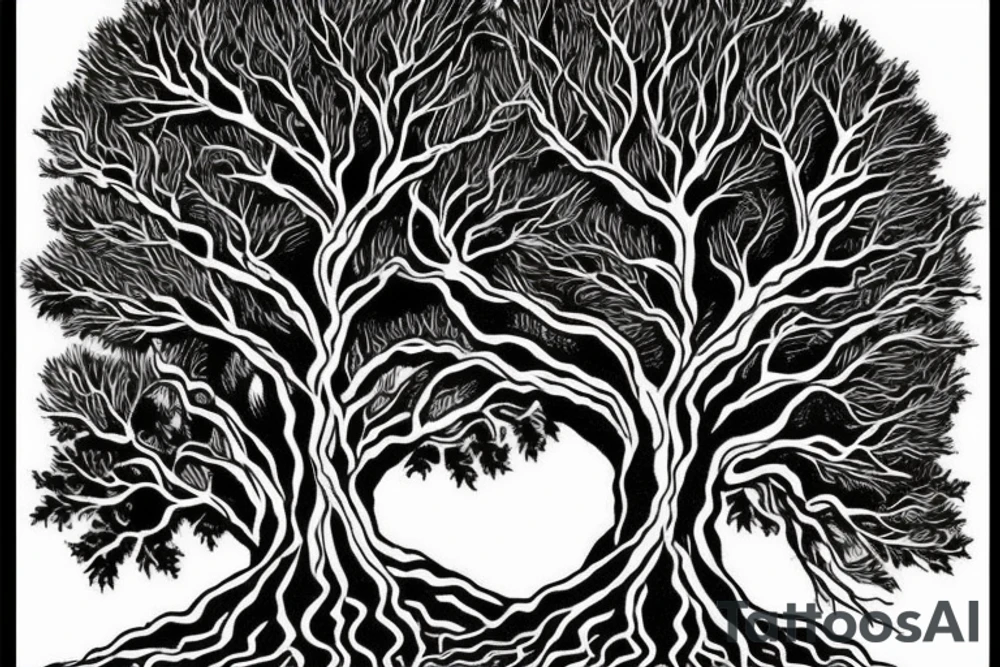 Oak Tree with roots. The roots turn in to pages of a Bible facing downward tattoo idea