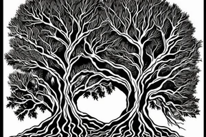 Oak Tree with roots. The roots turn in to pages of a Bible facing downward tattoo idea