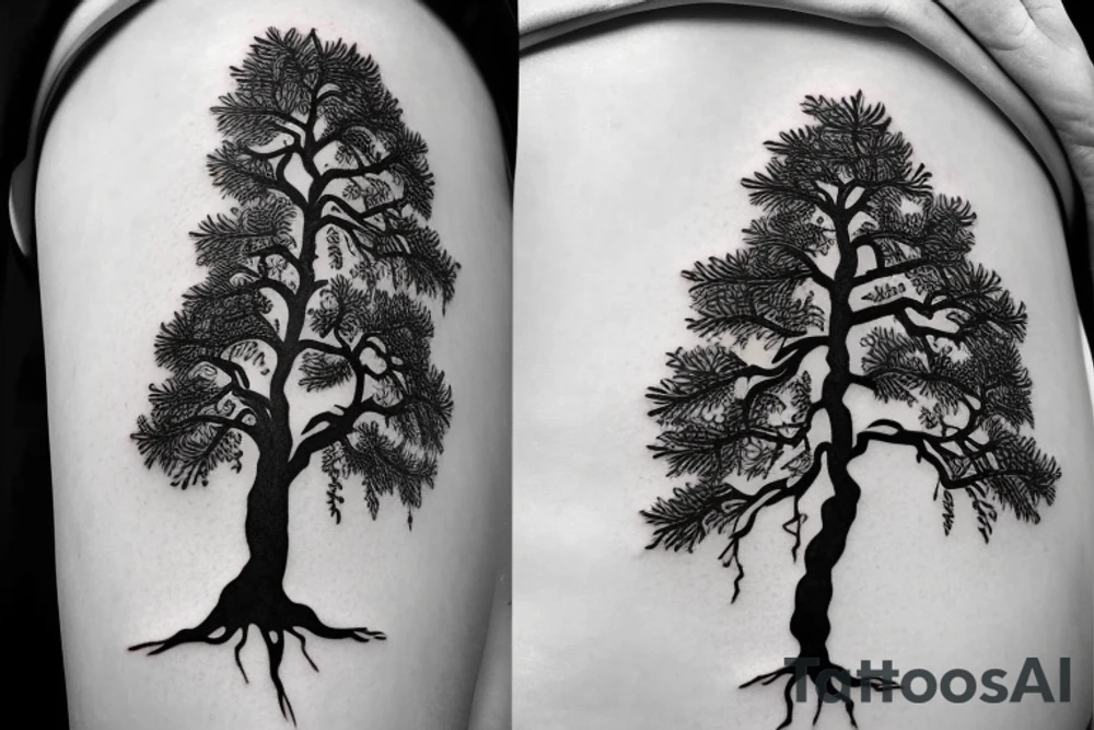 Pine Tree with roots. The roots turn in to pages of a book tattoo idea