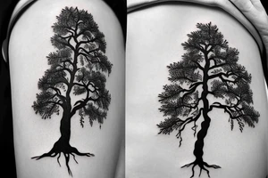 Pine Tree with roots. The roots turn in to pages of a book tattoo idea