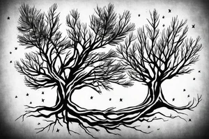 Pine Tree with roots with American flag in the background tattoo idea