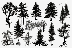 Pine Tree with roots with American flag in the background tattoo idea