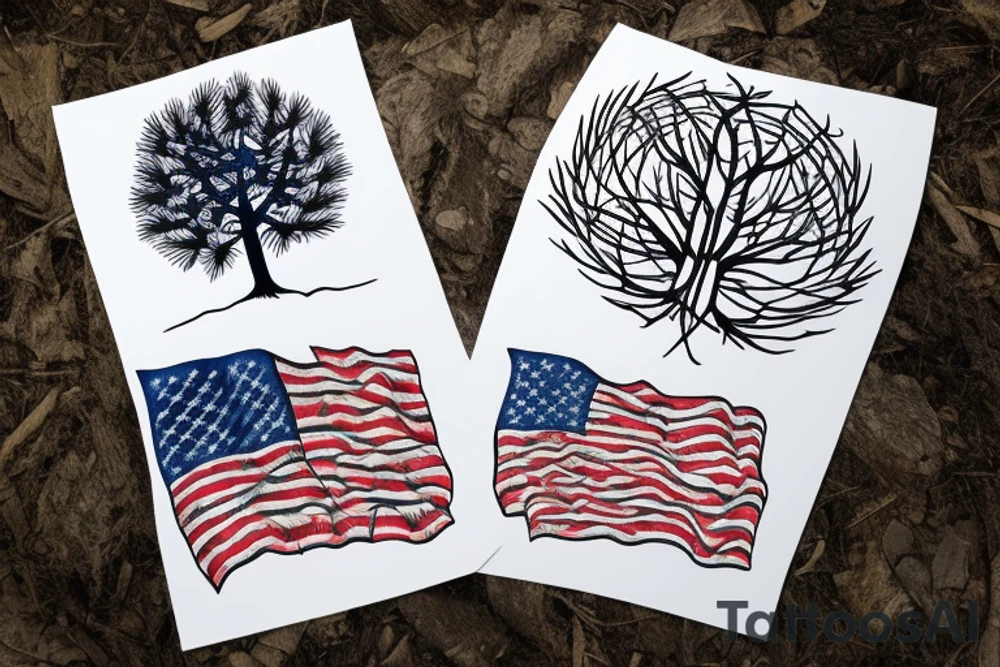 Pine Tree with roots with American flag in the background tattoo idea