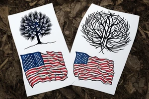 Pine Tree with roots with American flag in the background tattoo idea