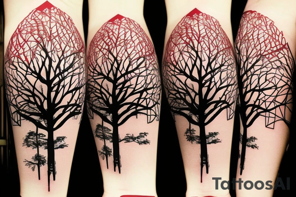 Pine Tree with roots with American flag in the background tattoo idea