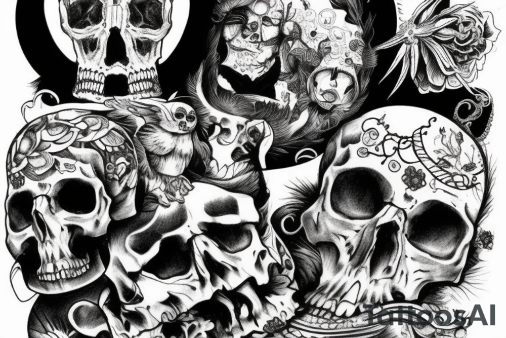 Lilith sitting on a pile of skulls tattoo idea