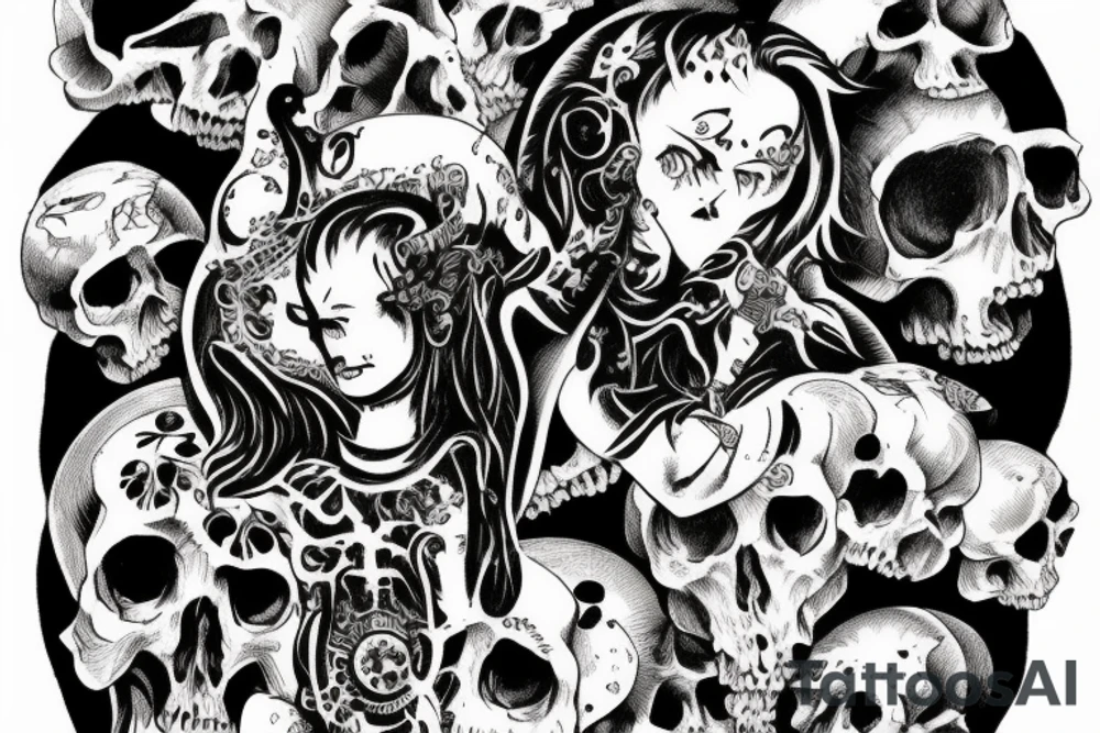 Lilith sitting on a pile of skulls tattoo idea