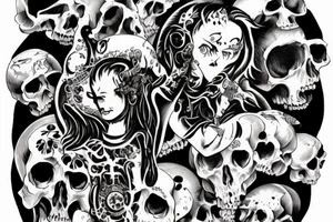Lilith sitting on a pile of skulls tattoo idea