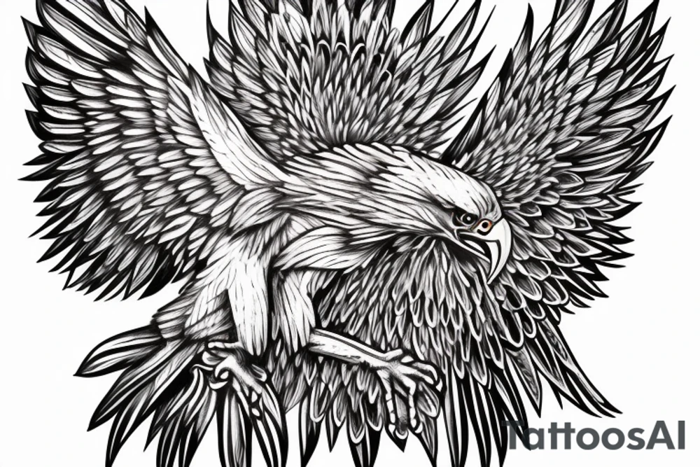 an eagle with spread wings and with a formidable wise look on the collarbones. Wings and paws are visible tattoo idea