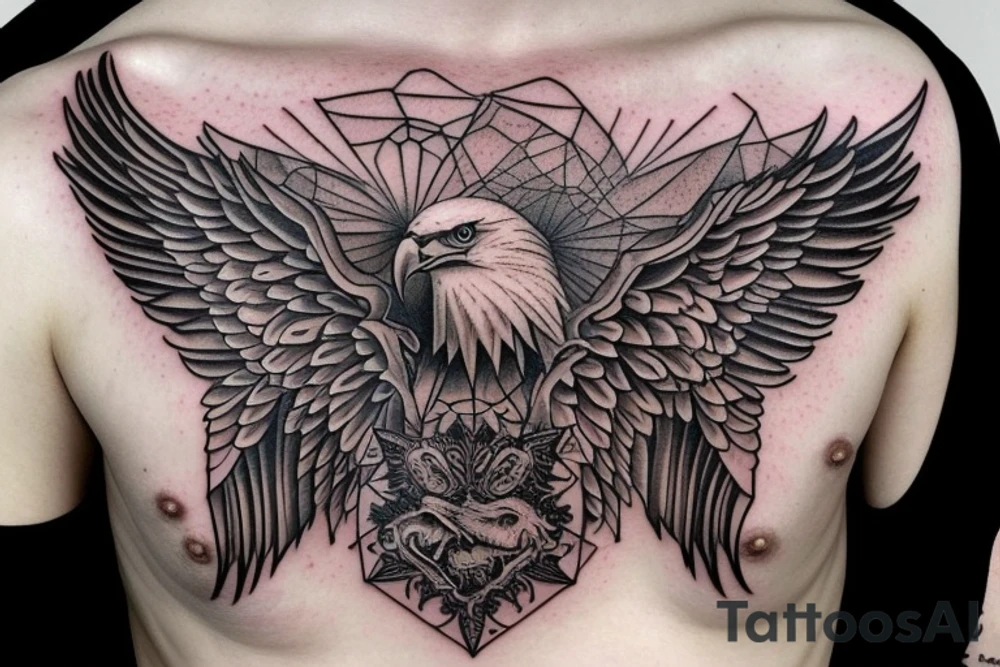 an eagle with spread wings and with a formidable wise look on the collarbones. Wings and paws are visible tattoo idea