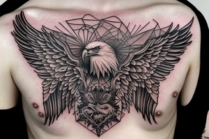 an eagle with spread wings and with a formidable wise look on the collarbones. Wings and paws are visible tattoo idea