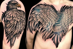 an eagle with spread wings and with a formidable wise look on the collarbones. Wings and paws are visible tattoo idea