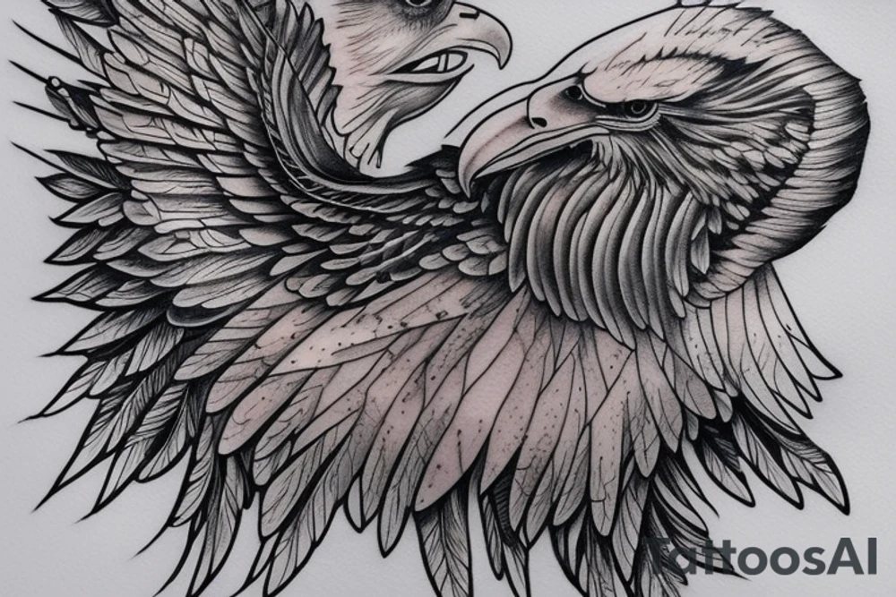 an eagle with spread wings and with a formidable wise look on the collarbones. Wings and paws are visible tattoo idea