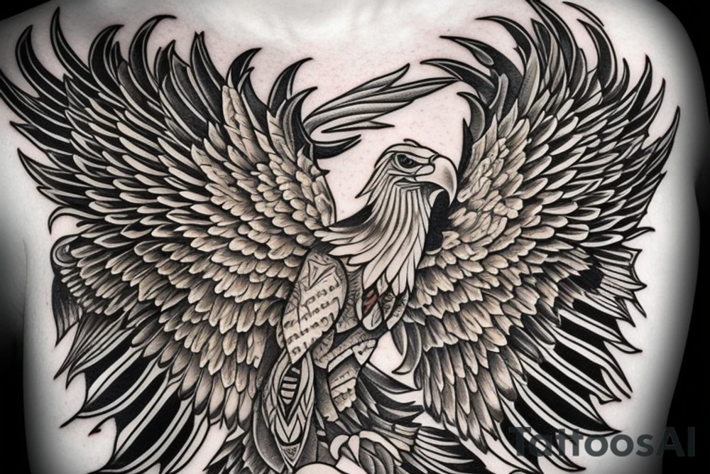 an eagle with spread wings and with a formidable wise look on the collarbones. Wings and paws are visible tattoo idea