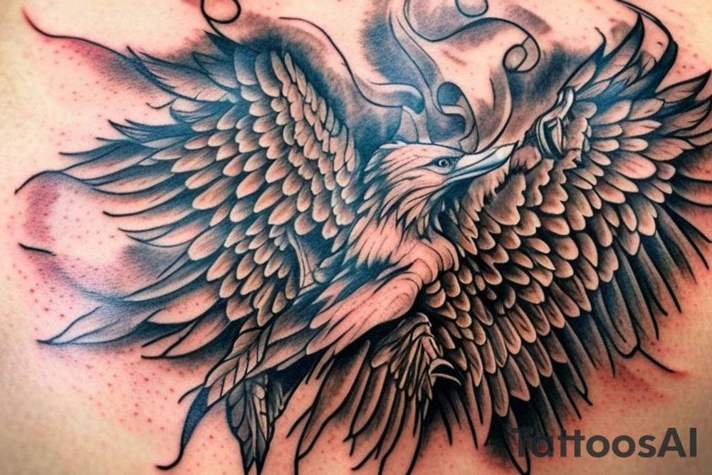 an eagle with spread wings and with a formidable wise look on the collarbones. Wings and paws are visible tattoo idea